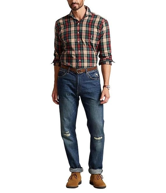 PRL Big & Tall Long-Sleeve Yarn-Dyed Oxford Sportshirt W/ Spread Collar - Plaid