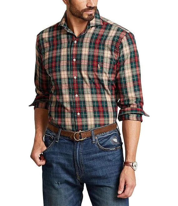 PRL Big & Tall Long-Sleeve Yarn-Dyed Oxford Sportshirt W/ Spread Collar - Plaid