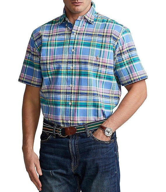PRL Big & Tall Short Sleeve Plaid Oxford Shirt