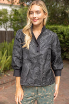 Voy Half Pearl Button Down Floral Jacquard Top