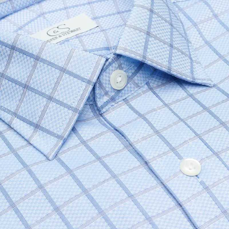 Cooper & Stewart Text Box Check Blue Tailored Fit Spread Collar