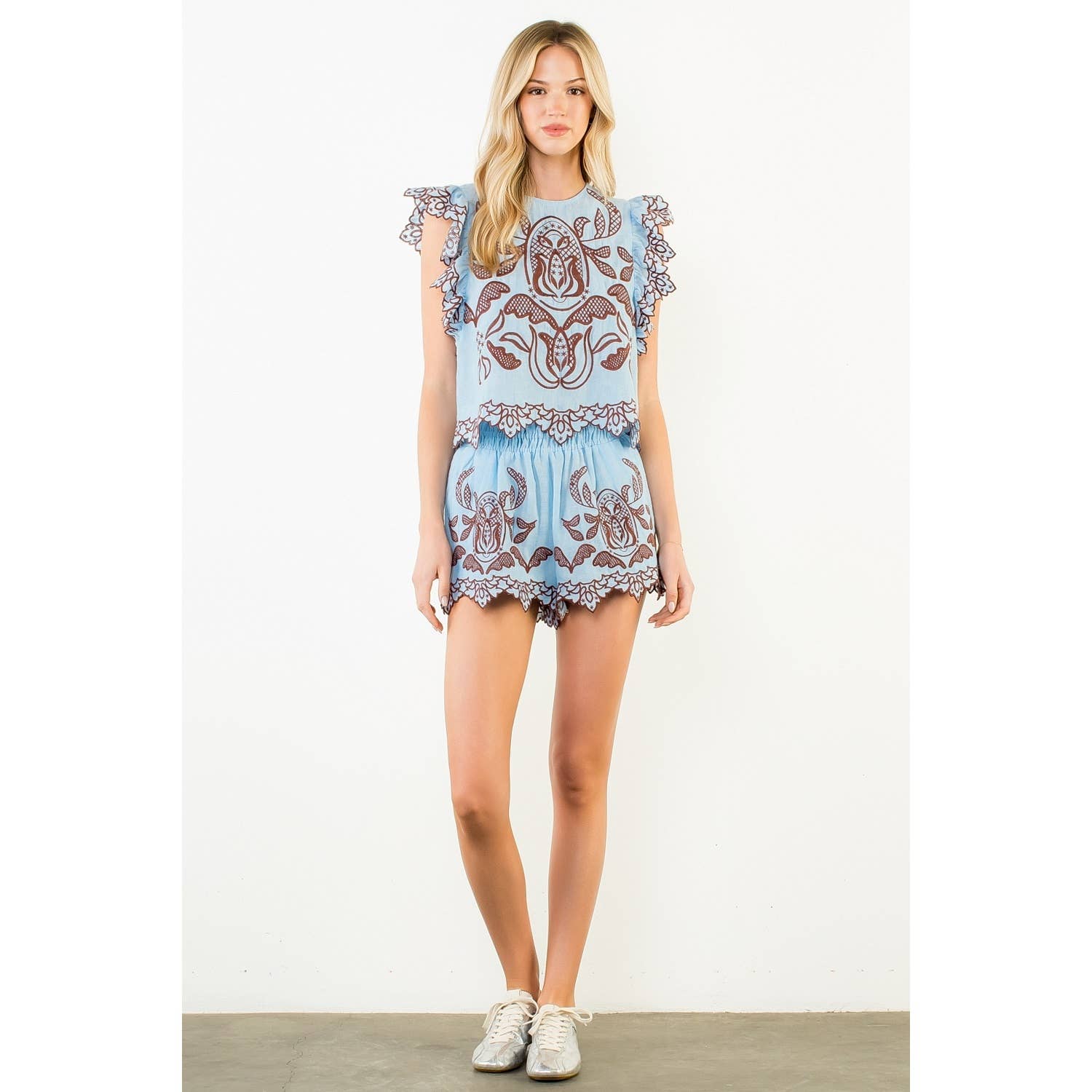 THML - Ruffle Sleeves Embroidery Detail Top