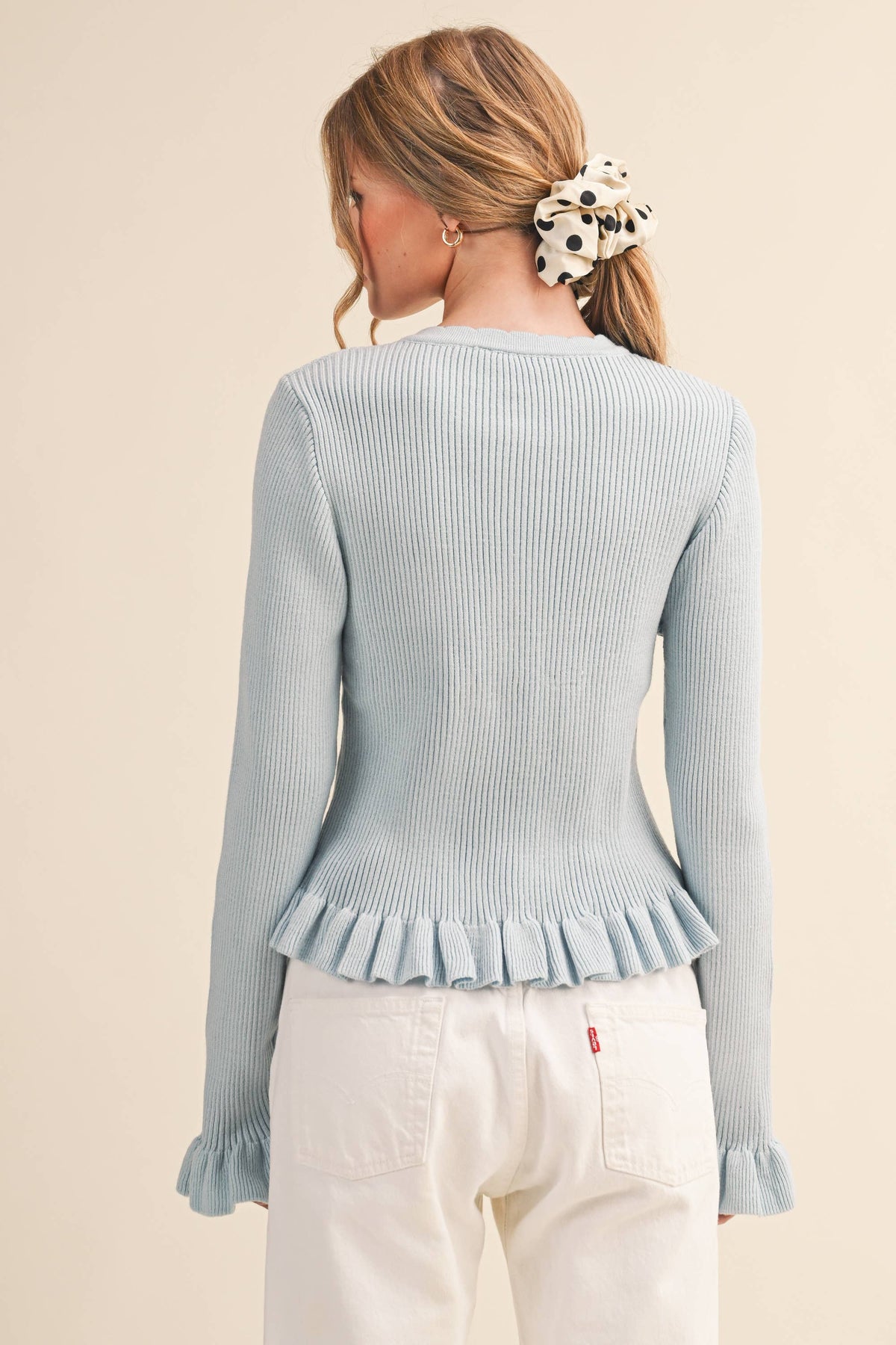 &MERCI - Ruffle Hem Ribbed Knit Sweater Cardigan