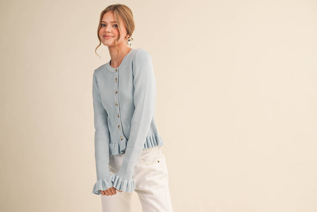 &MERCI - Ruffle Hem Ribbed Knit Sweater Cardigan