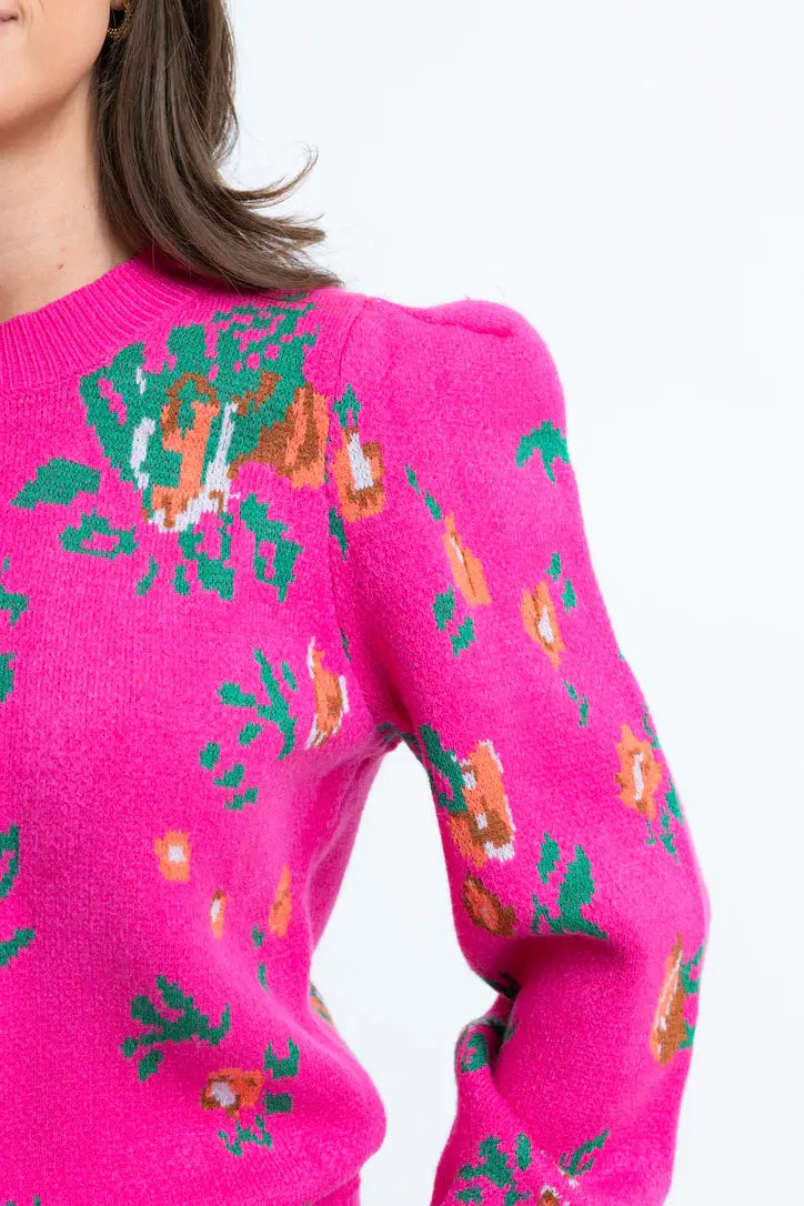 Karlie Floral Puff Sleeve Crew Sweater