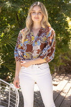 Voy Smocked Shoulder Detail Paisley Print Top