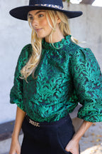 Voy Bubble Sleeve Tie Back Floral Jacqaurd Top