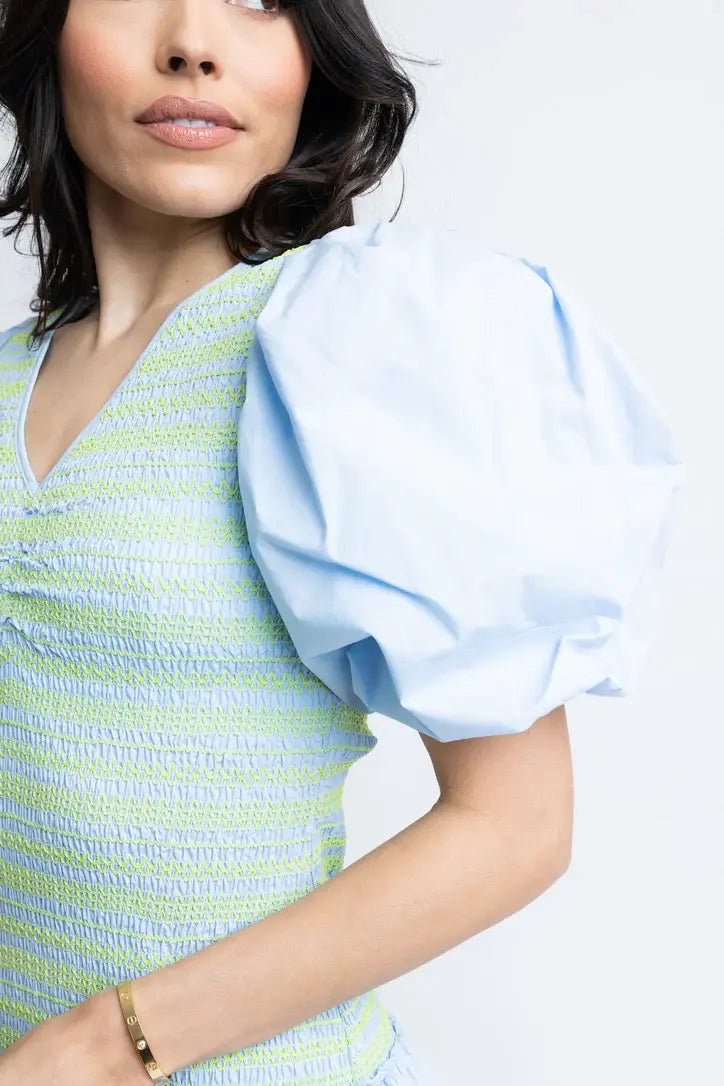 Karlie Solid Poplin V-Neck Smock Contrast Stitch Dress