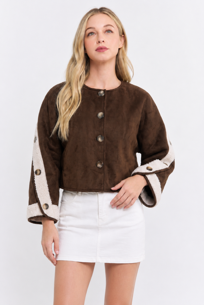 Camellia  Button-Front Cape Jacket with Shearling Details