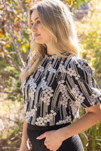 Voy Ruffle Neck Floral Embroidered Polkadot Top
