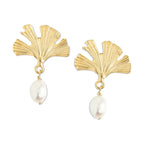 Susan Shaw 24K Gold Plated Gingko Leaf and Freshwater Pearl Drop Earrings