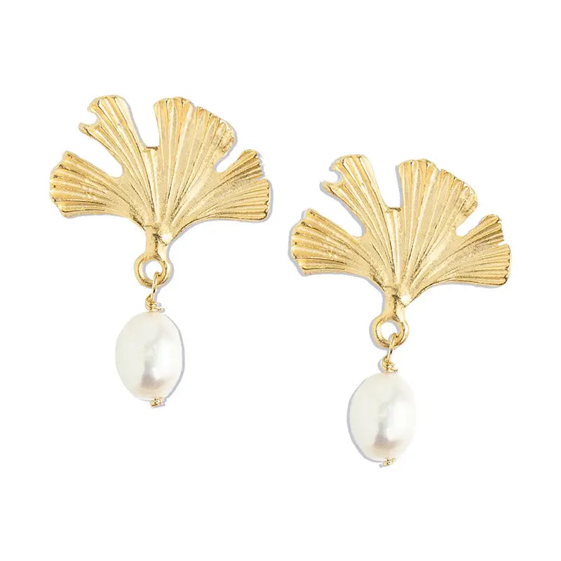 Susan Shaw 24K Gold Plated Gingko Leaf and Freshwater Pearl Drop Earrings