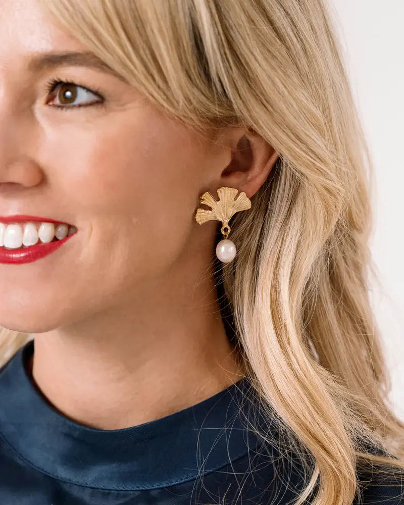 Susan Shaw 24K Gold Plated Gingko Leaf and Freshwater Pearl Drop Earrings