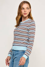 Ellison Multi Color Striped Crew Neck Cardigan Light Blue