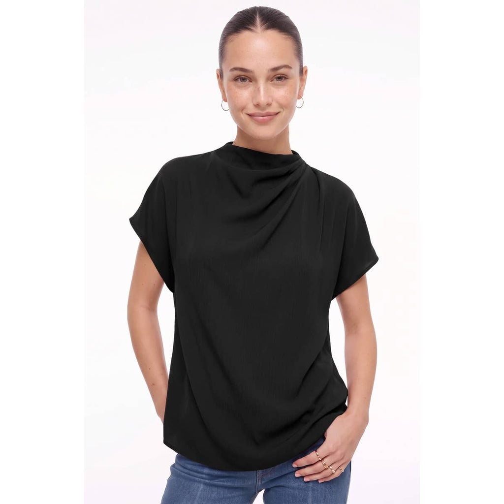 Naked Zebra - Mock Neck Draped Textured Satin Blouse