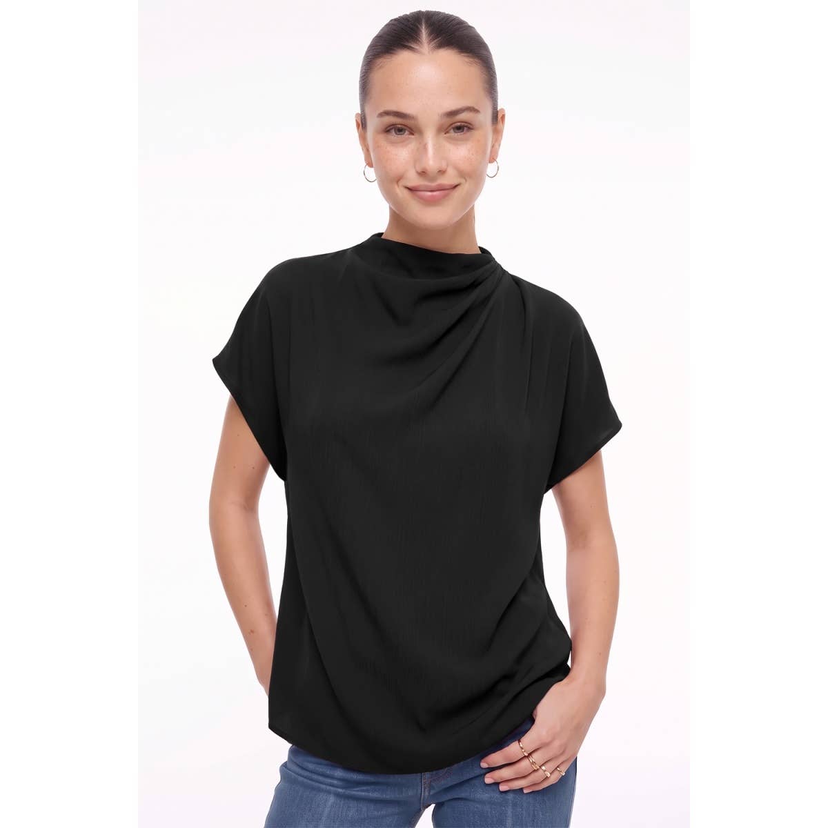 Naked Zebra - Mock Neck Draped Textured Satin Blouse