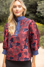 Voy Half Pearl Button Down Floral Jacquard Top