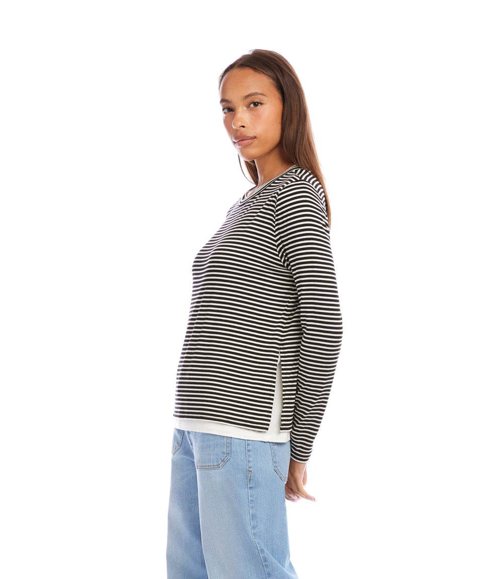Karen Kane L/S Stripe Double Layer Side-Slit Top