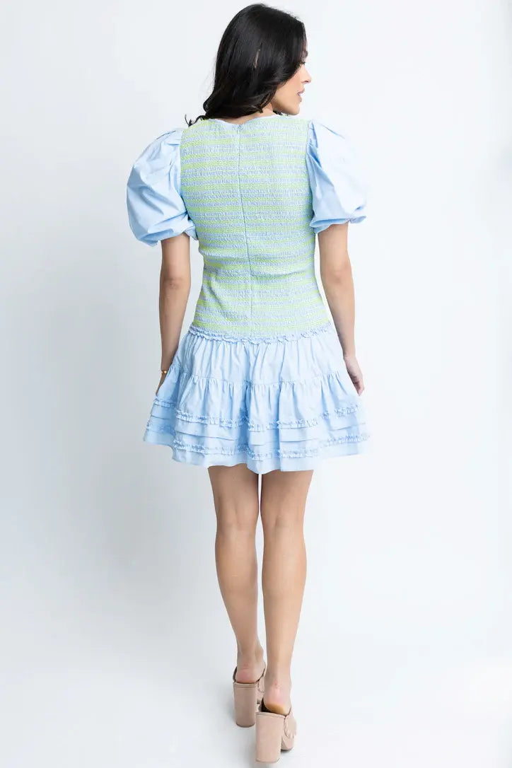 Karlie Solid Poplin V-Neck Smock Contrast Stitch Dress
