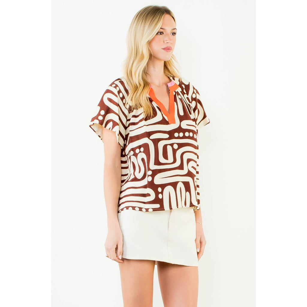 THML - Short Sleeve Pattern V-Neck Top