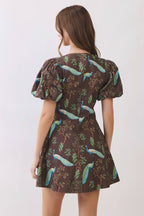 TCEC -  Peacock  Print Puff Sleeve Button Down Mini Dress