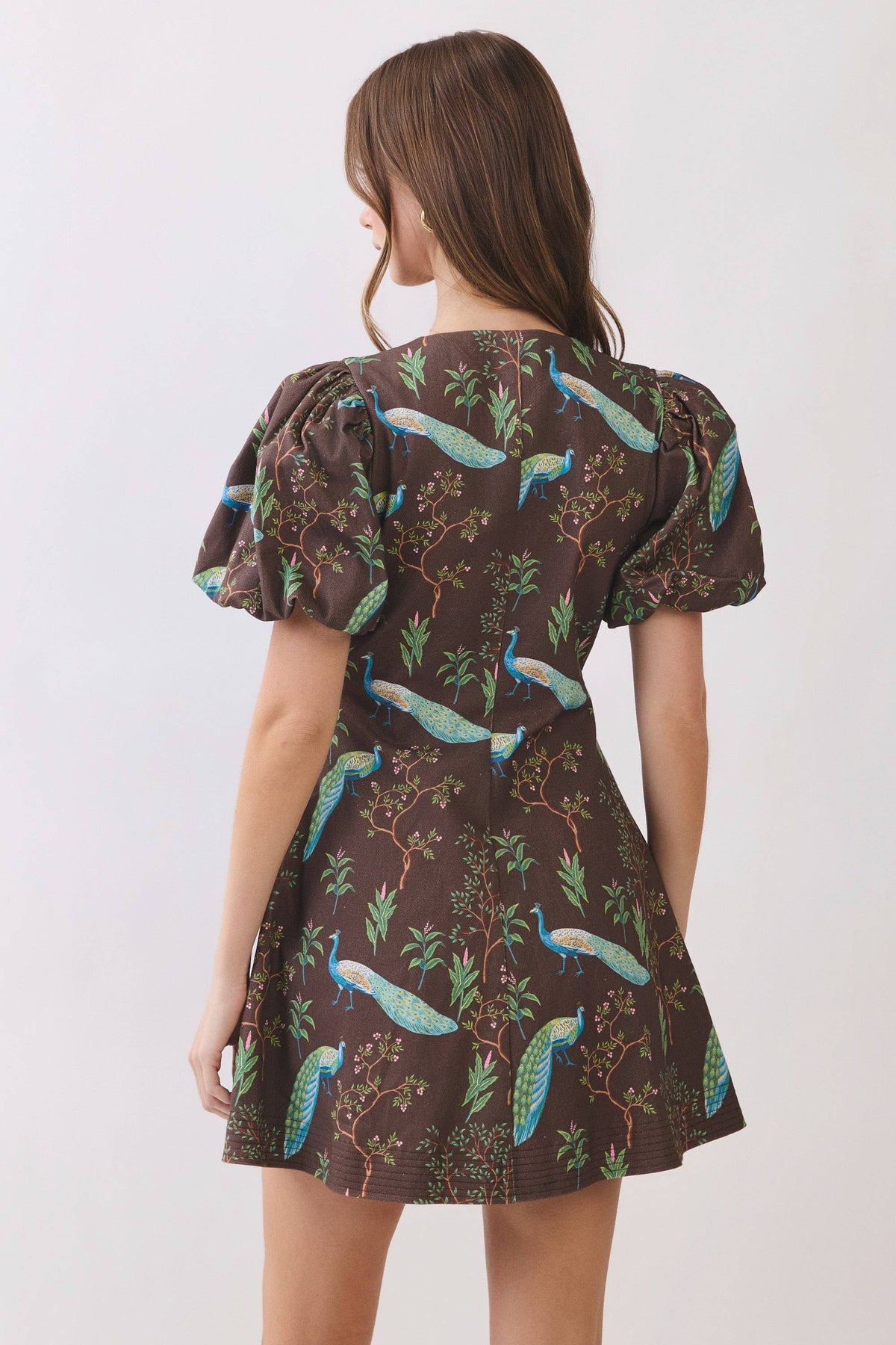 TCEC -  Peacock  Print Puff Sleeve Button Down Mini Dress