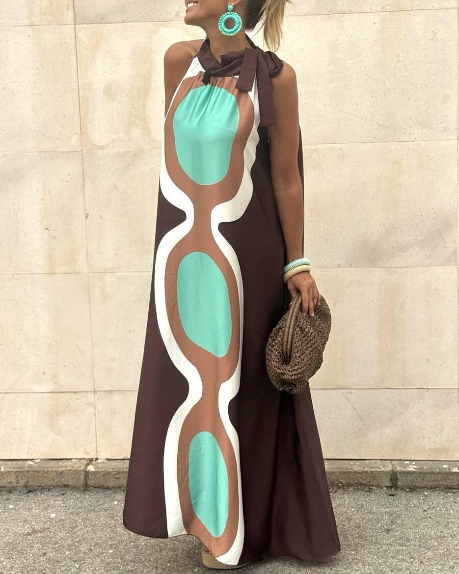 Rosa Clothing Boho Style Halter Neck Color Block Maxi Dress