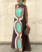 Rosa Clothing Boho Style Halter Neck Color Block Maxi Dress