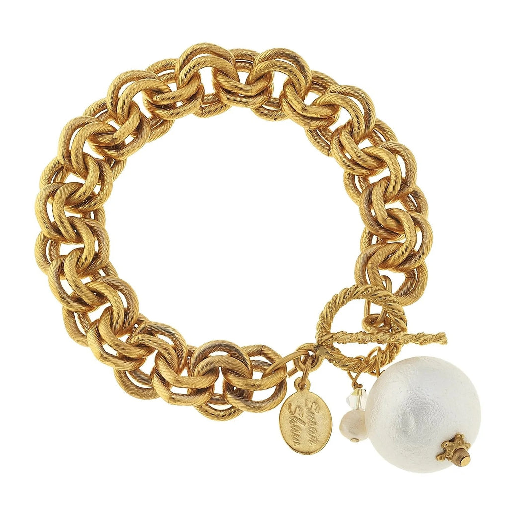 Susan Shaw Gold Double Chain with Cotton Pearl Bracelet