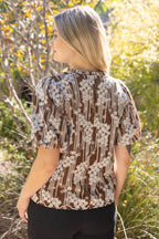 Voy Ruffle Neck Floral Embroidered Polkadot Top