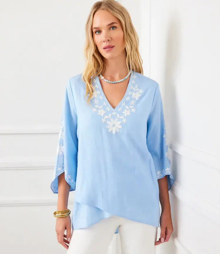 Karen Kane Bracelet Sleeve Embroidered Asymmetric Top