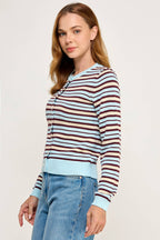 Ellison Multi Color Striped Crew Neck Cardigan Light Blue