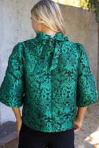Voy Bubble Sleeve Tie Back Floral Jacqaurd Top