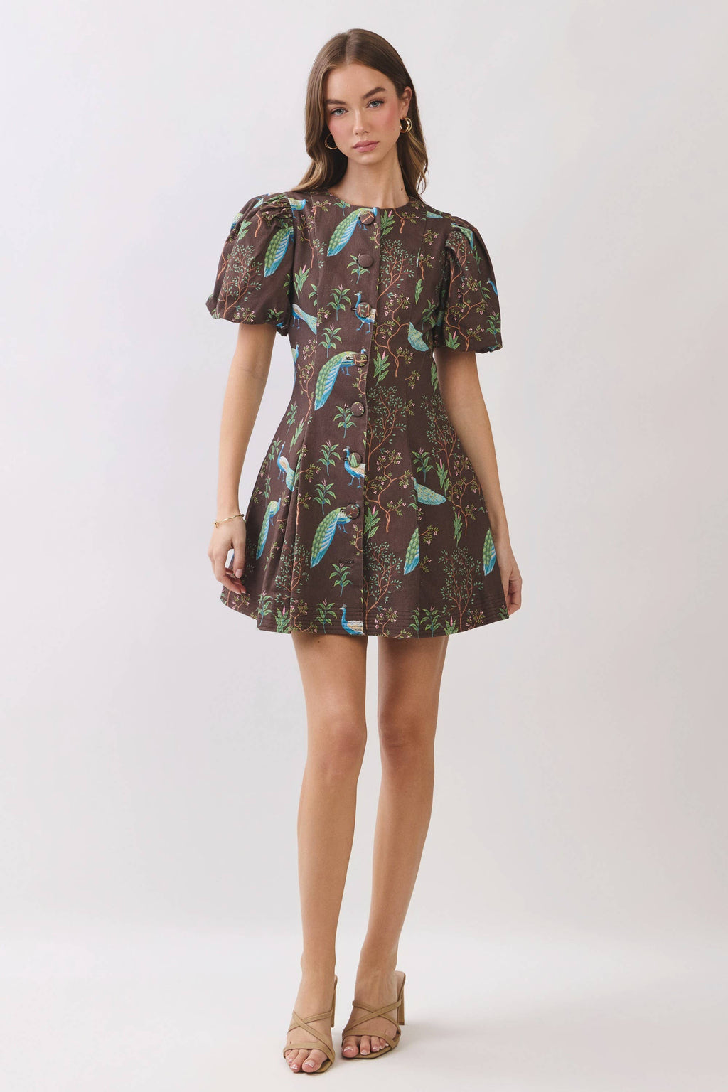 TCEC -  Peacock  Print Puff Sleeve Button Down Mini Dress