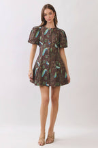 TCEC -  Peacock  Print Puff Sleeve Button Down Mini Dress