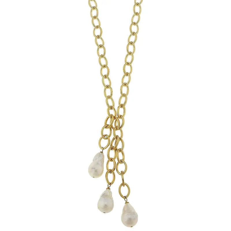 Susan Shaw Long Gold Chain with Cluster Pearl Necklace