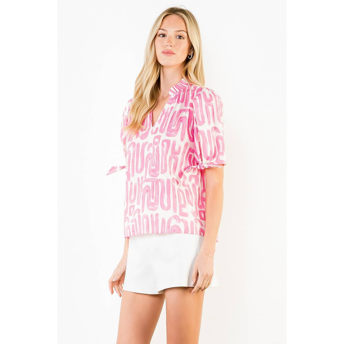 THML - Short Sleeve Abstract Pattern V-Neck Top
