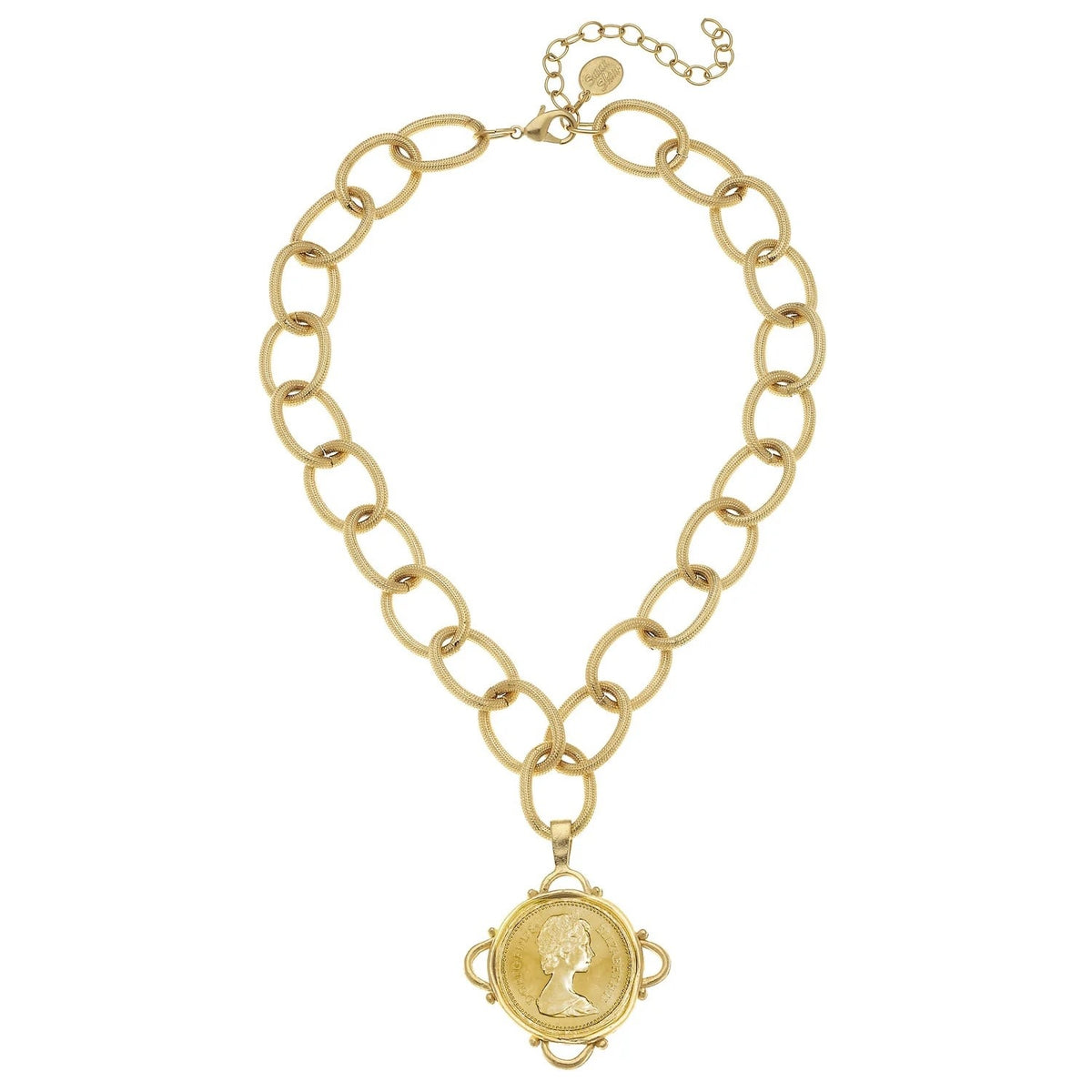 Susan Shaw Handcast Gold Queen Elizabeth Coin Scalloped Pendant on Chain Necklace