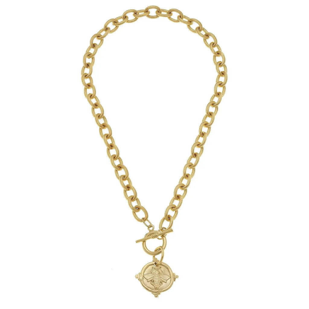 Susan Shaw Handcast Gold Intaglio Bee Front Toggle Necklace