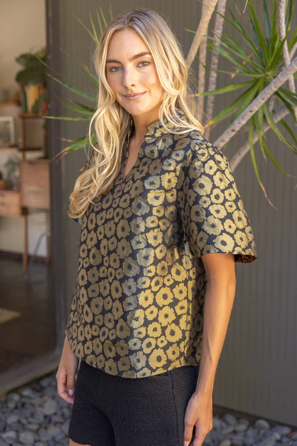 Voy  Short Sleeve Ruffle Neck Gold Floral Jacquard Top
