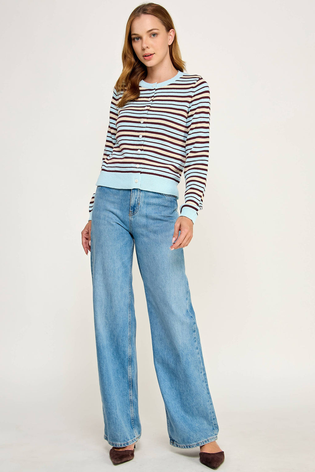 Ellison Multi Color Striped Crew Neck Cardigan Light Blue