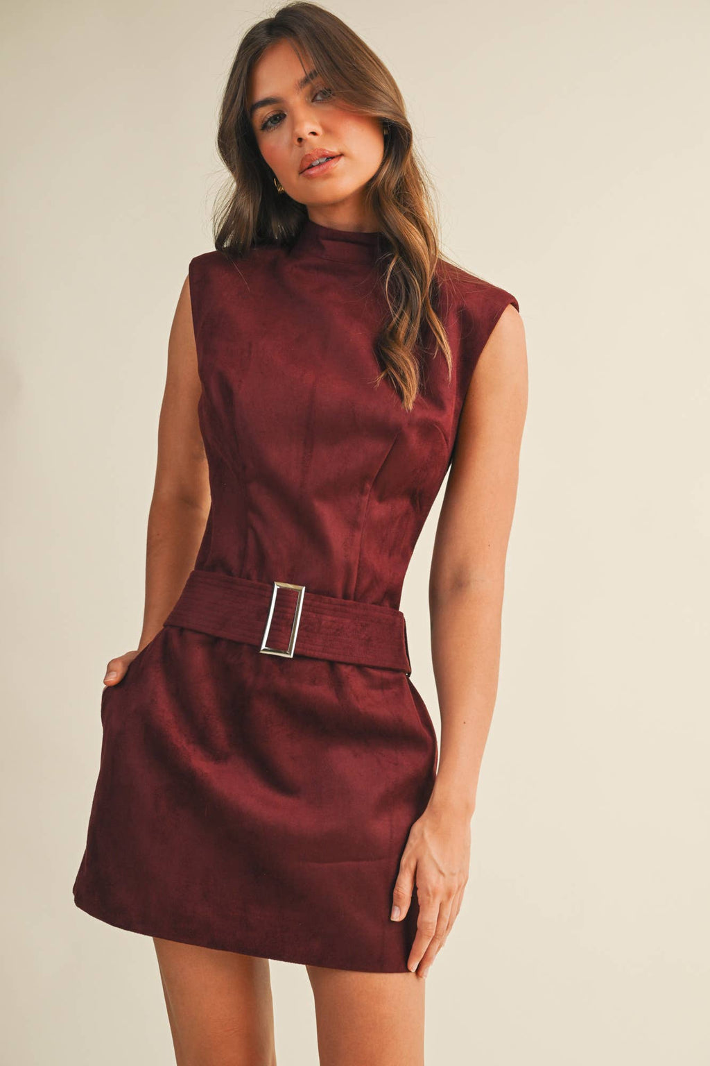 Mustard Seed - Belted Suede Mock Neck Dress