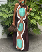 Rosa Clothing Boho Style Halter Neck Color Block Maxi Dress