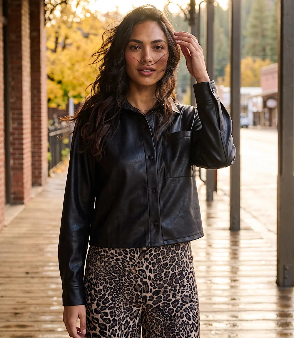 Karen Kane Faux Leather Button-Up Shirt