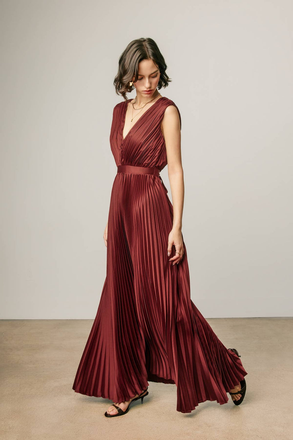 Dress Forum - Pleated Satin V Neck Maxi Dress