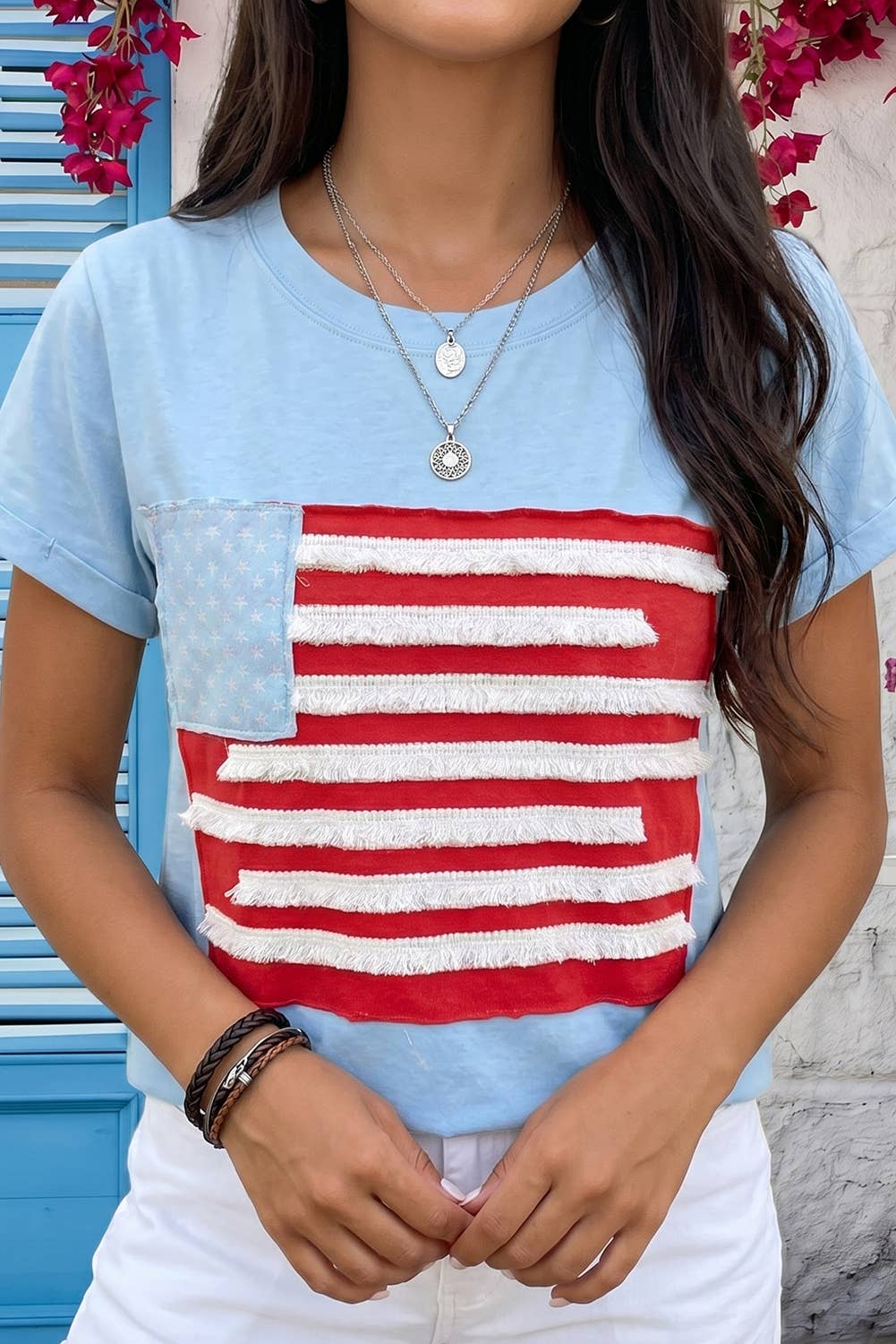 EVELA INC - USA Flag Textured Patchwork Cap Sleeve Tee