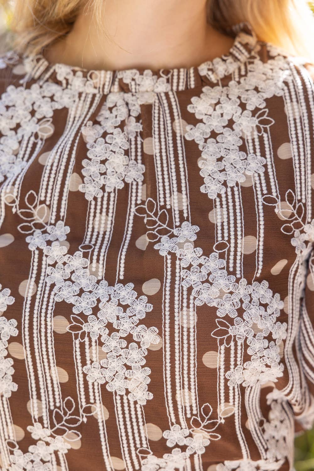Voy Ruffle Neck Floral Embroidered Polkadot Top
