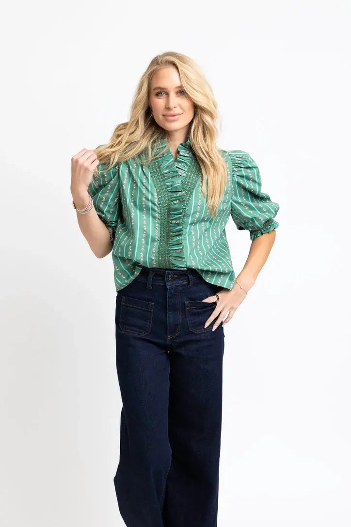 Karlie Floral Ditzy Stripe Ruffle Top