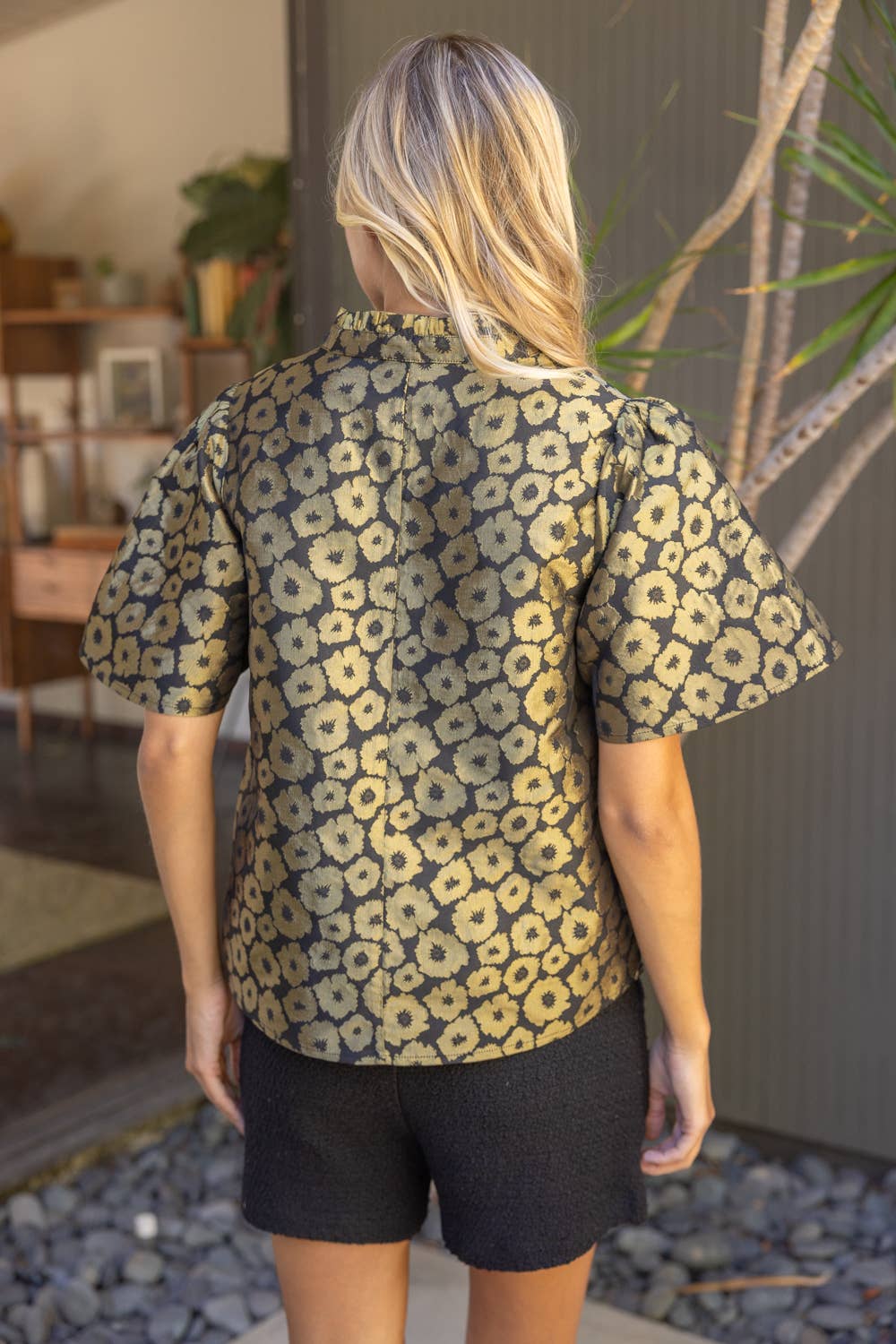 Voy  Short Sleeve Ruffle Neck Gold Floral Jacquard Top