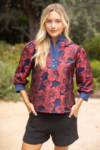 Voy Half Pearl Button Down Floral Jacquard Top